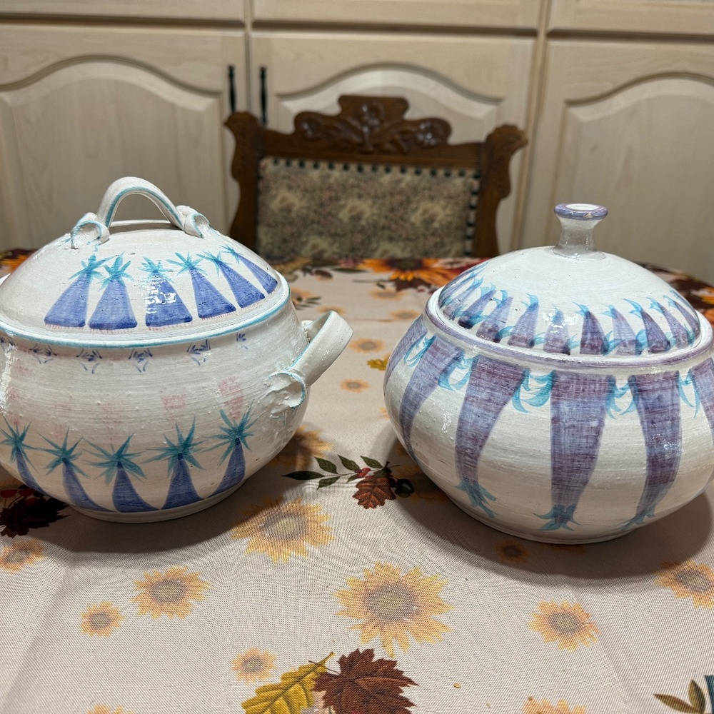 Set of two hand painted casserole dishes with tops ,